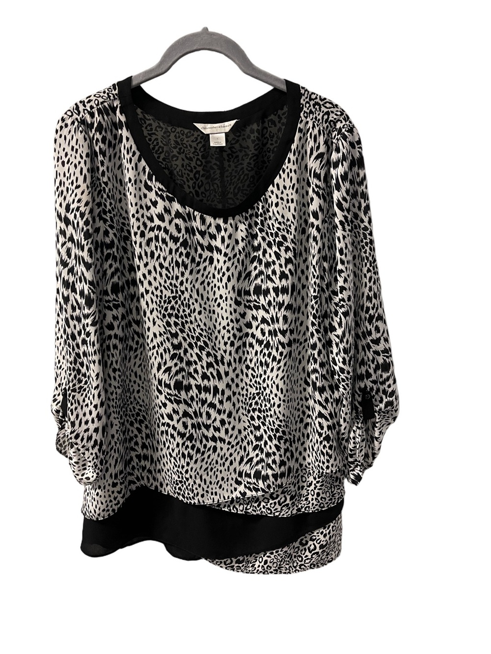 CJ Banks Women's Black White Animal Print Layered Roll Tab Sleeves Blouse - Sz L